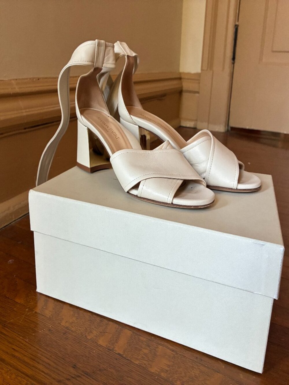 Marion Parke made in Italy Bella ivory sandal with gold block heel